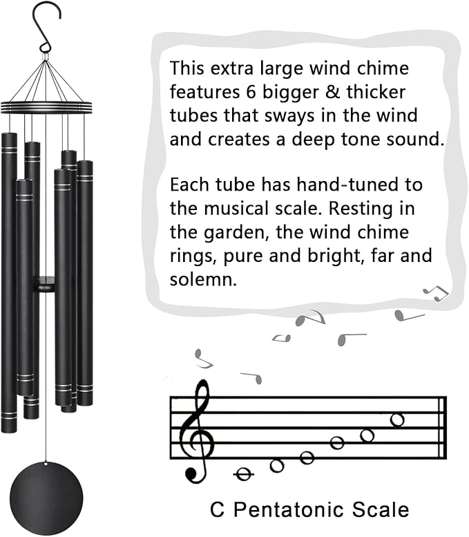 Extra Large Wind Chimes for Outside Deep Tone - Engraved Lines of Aluminum Tubes, Total 50 in Black Deep Tone Wind Chimes, Memorial Sympathy Gifts, Soothing Wind Chime Outdoor Garden Decor