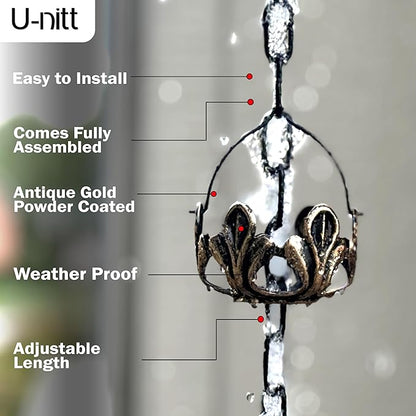 U-nitt Rain Chain Water Collection for Gutters Rainwater Catcher & Diverter, 8.5 FT Chains for Outside Garden, Antique Copper Cups, Roof Downspout, Works with Heavy Rain, w/Gutter Clip for Rainchains