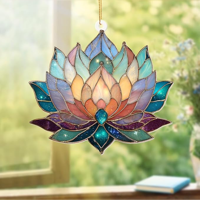 Lotus Stained Glass Acrylic Ornament – Colorful Lotus Flower Suncatcher for Windows, Christmas 2025 Ornament, Holiday & Spiritual Home Décor, Unique Handmade Gift(Sun-24)