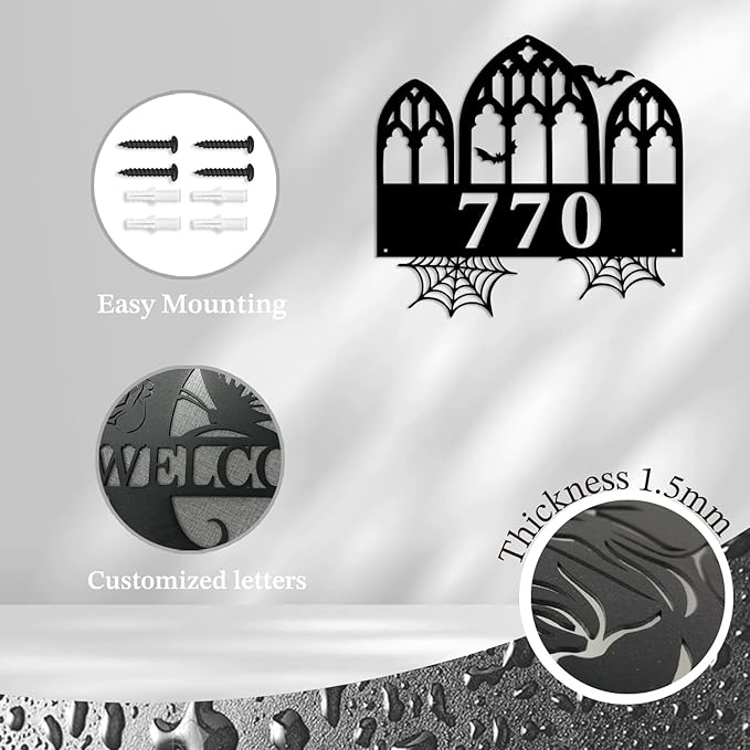 Personalized Gothic House Number metal Signs,Custom Address Number Metal Wall Art Decor,Black Plaques Outdoor wall Decorative Signage,Shed(8-30 Inches) (Castle A)