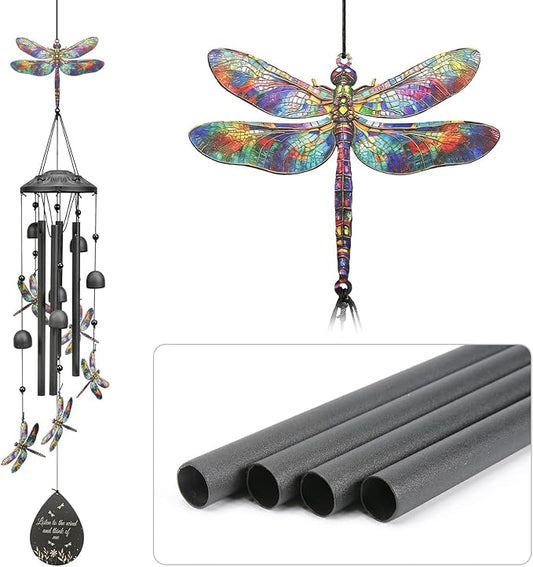 Dragonfly Wind Chimes Outdoor Durable Black Metal Windchimes Garden Patio Decor Dragonfly Gifts for Women/Men, Garden/Yard Decor, Memorial/Birthday Gifts for Grandma/Mom, Chimes for Outside