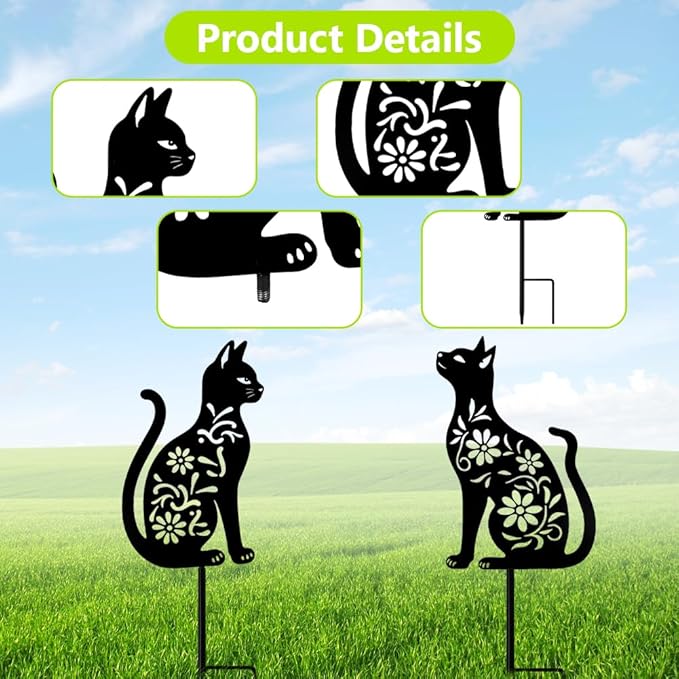 Cat Garden Decor for Outside, Black Cat Metal Decorative Garden Stakes for Yard Art, Patio, Outdoor Decor, Garden Decorations, Lawn Ornaments, Unique Gifts for Cats Lovers (2 Pack)