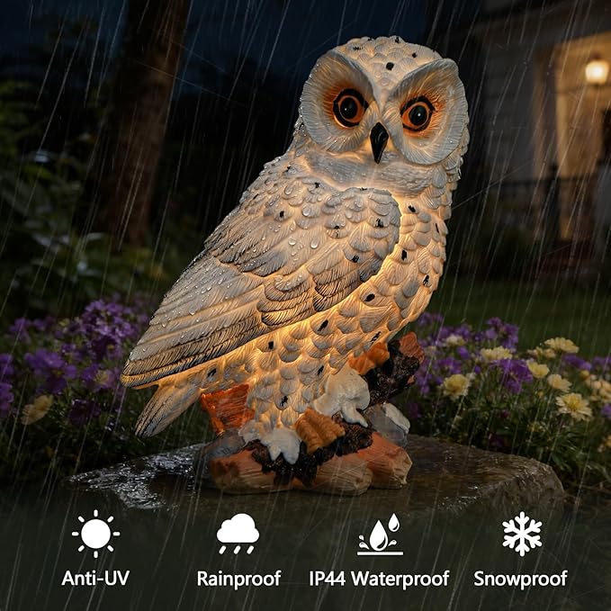 Solar Owl Garden Outdoor Statue,Owl Figurine Sculpture with LED Lights for Porch Patio Lawn Yard Deck Spring Decor - Ideal Easter Day Housewarming for Women Men Owl Lover(White)