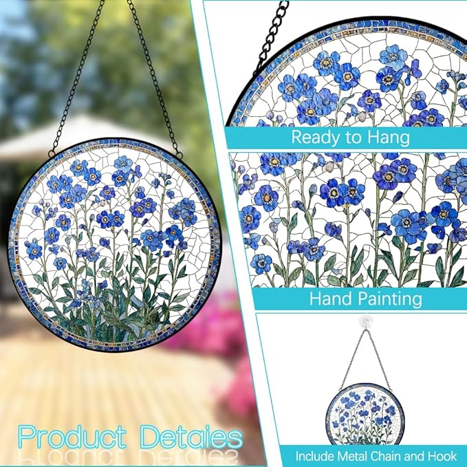 Forget Me Not Flower Suncatcher Stained Glass Window Hanging - 8″ Handmade Blue Flowers Suncatchers for Windows Hanging-Sun Catchers Wall Decor Home Garden Decorations Gift for Women Mom Plant Lovers