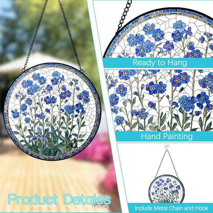 Forget Me Not Flower Suncatcher Stained Glass Window Hanging - 8″ Handmade Blue Flowers Suncatchers for Windows Hanging-Sun Catchers Wall Decor Home Garden Decorations Gift for Women Mom Plant Lovers