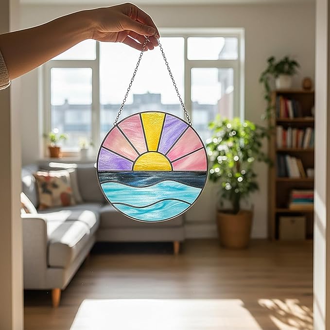 Colingmill Sun Plant Suncatcher Cute Stained Glass Greenhouse Suncatcher Ornament Light Catcher for Christmas Tree Rustic Xmas Garden Window Family Art Wall Decor