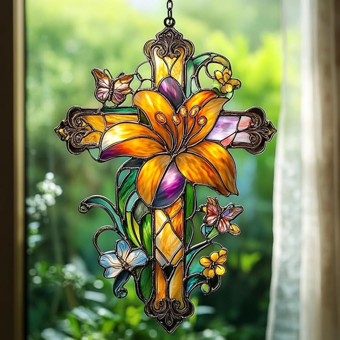 Floral Cross Acrylic Suncatcher Stained Glass Effect Window Car Hanging Christmas Ornament Indoor Outdoor Decor Garden Memorial Sun Catcher for Family Christmas Jesus Gift for Women Mom Grandma