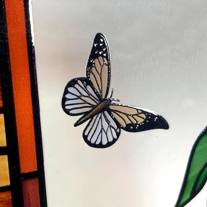 Monstera and Butterflies Stained Glass Suncatcher Panel 7.8x7.8 inches Square Window Hanging Panel for Home Decor Handcrafted Real Glass Window Art for Wall or Garden