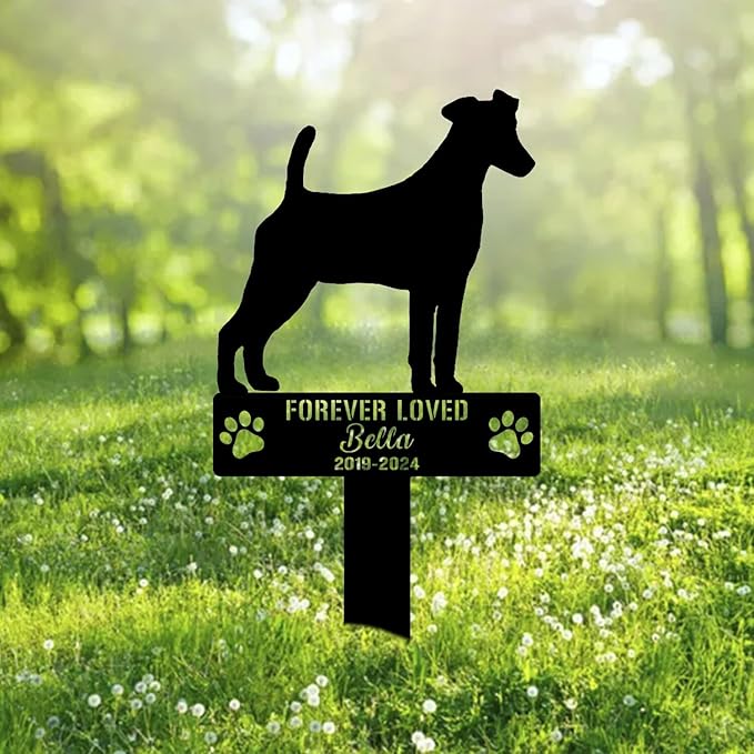 Custom Smooth Fox Terrier Dog Metal Memorial Garden Stake Personalized Pet Grave Marker Name Sign Remembrance Stake Decor Sympathy Dog Loss,Outdoor Statues for Yard Garden Lawn Patio Pathway Grave.