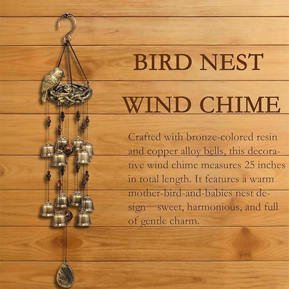 Bird Nest Wind Chime, A Mother‘s Love in Every Breeze | 25” Bronze Resin Nest with 12 Wind Bells, Soothing Gift for Mother's Day, Garden, Yard, Patio Decor