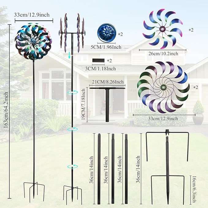 Wind Spinners Outdoor,64.2Inch 360°Rotating Crescent Windmill for Yard, Garden Wind Spinner with Blue Green Purple Gradient Blades, Weatherproof Metal Garden Decor