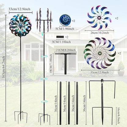 Wind Spinners Outdoor,64.2Inch 360°Rotating Crescent Windmill for Yard, Garden Wind Spinner with Blue Green Purple Gradient Blades, Weatherproof Metal Garden Decor