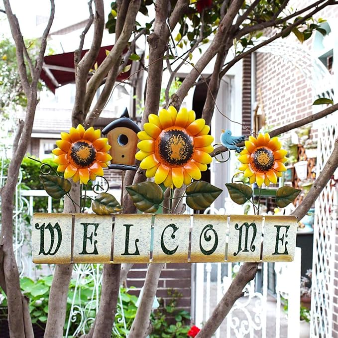 Sunflower Welcome Sign Metal Hanging Welcome Plaque for Wall Front Door - Decorative Flower Yard Signs Spring Wreath Decor for Garden Porch Patio Backyard (D)