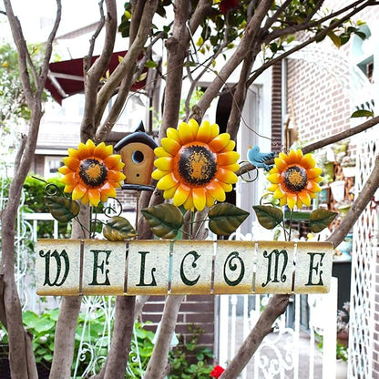 Sunflower Welcome Sign Metal Hanging Welcome Plaque for Wall Front Door - Decorative Flower Yard Signs Spring Wreath Decor for Garden Porch Patio Backyard (D)