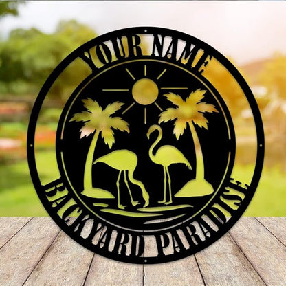 MeMate Flamingo Sign, Backyard Sign Outdoor Decor, Personalized Metal Sign for Backyard, Custom Name Signs for Patio Porch, Deck, 8-24 in Large Metal Sign for Outside, Housewarming Gifts
