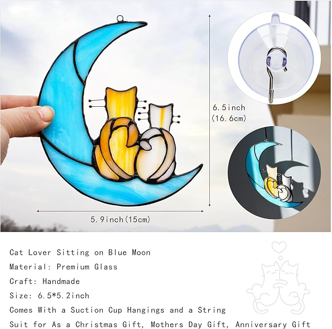 HDCRYSTALGIFTS 6.5'' Valentine’s Day Gift, Cat Lovers Stained Glass Window Hanging Sun Catcher Gifts for Women/Girls, Glass Couple Cat Sitting on Moon Suncatcher for Window, Wall Home Decor