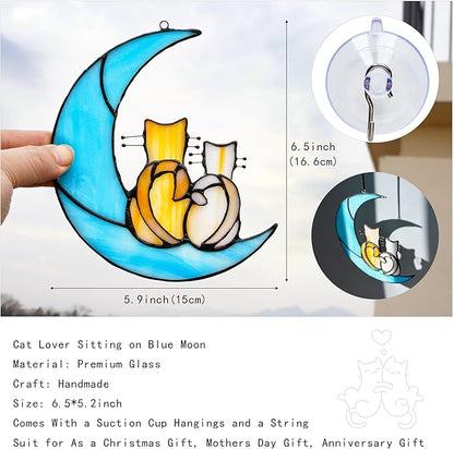 HDCRYSTALGIFTS 6.5'' Valentine’s Day Gift, Cat Lovers Stained Glass Window Hanging Sun Catcher Gifts for Women/Girls, Glass Couple Cat Sitting on Moon Suncatcher for Window, Wall Home Decor
