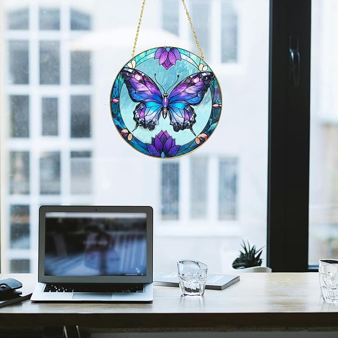 Butterfly Stained Glass Window Hanging, 7.8" Hand-Painted Sun Catcher Glass Panel Wall Art Decor with Chain, Butterfly Gifts for Women Mom Grandma, Outdoor Indoor Art Decor for Home Garden