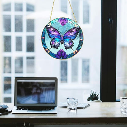 Butterfly Stained Glass Window Hanging, 7.8" Hand-Painted Sun Catcher Glass Panel Wall Art Decor with Chain, Butterfly Gifts for Women Mom Grandma, Outdoor Indoor Art Decor for Home Garden