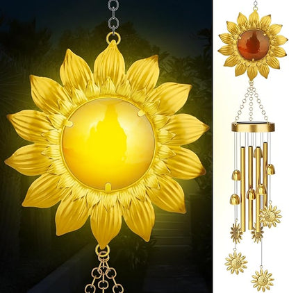 JYPS Solar Wind Chimes with Sunflower LED Lights, 42-Inch Large Waterproof Outdoor Garden Decor for Patio Yard, Unique Gifts for Women Mom Grandma, Mother's Day Christmas Birthday Easy-Install Design