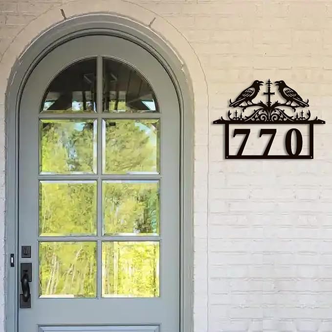 Personalized Gothic House Number metal Signs,Custom Address Number Metal Wall Art Decor,Black Plaques Outdoor wall Decorative Signage,Shed(8-30 Inches) (Crow A)