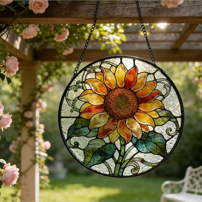 Sunflower Stained Glass Window Hanging, Cottagecore Sunflower Floral Botanical Suncatcher Indoor Window Glass Round Wall Art Decor, 7.9x7.9 Inch