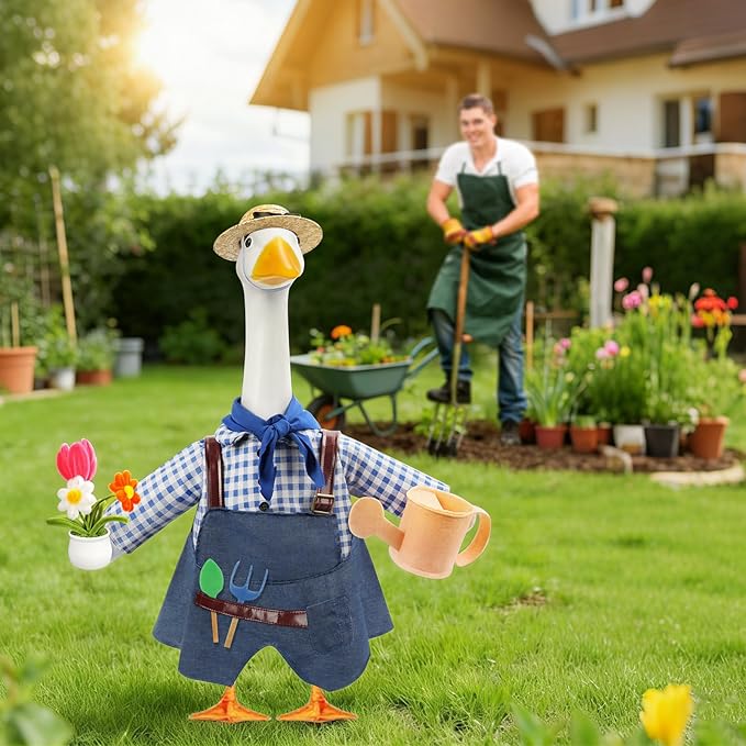 GJL Gardener Porch Goose Outfit Fits 23 Inch Cement Plastic Goose Statue, 2-Piece Porch Goose Clothes with Hat, Tools, Scarf, Watering Can & Flower Pot Design for Spring Summer Outdoor Garden Decor