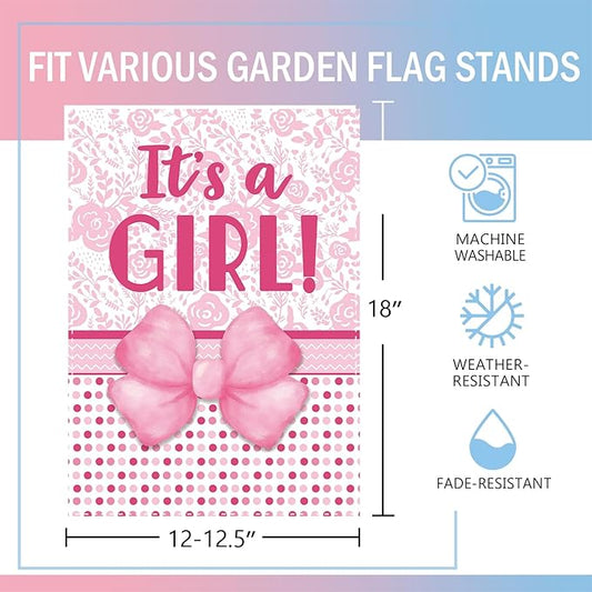 It's a Girl Pink Bow Baby Shower Decorative Garden Flag, Newborn Gender Reveal Small Yard Outside Decorations Gift for New Dad Mom, Coquette Baptism Party Outdoor Home Decor Double Sided 12x18