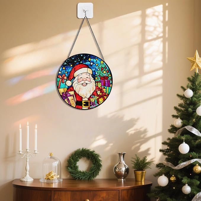 Santa Stained Glass Window Hanging, Santa Claus Suncatcher for Doors Home Sun Catchers Decoration and Christmas, Mother's Day Birthday Gifts for Women, Men, and Mom