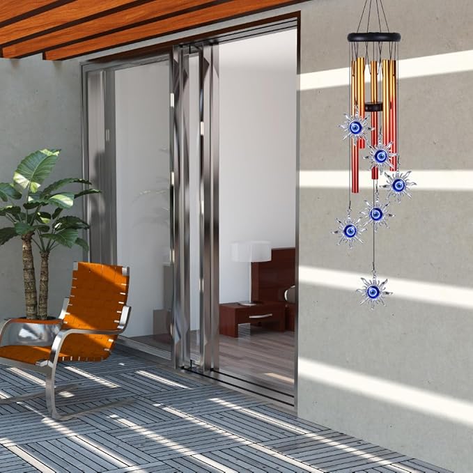 Blue Evil Eye Sun Wind Chimes Outdoor Decor, Mobile Sun Evil Eye Wind Catcher, Evil Eye Sun Wind Bells, Sun Blue Evil Eye Amulet Wind Chimes for Home, Gift for Mom, Balcony, Patio, Garden Decoration