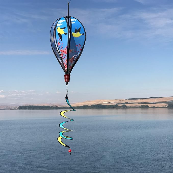 In the Breeze Goldfinch Family 6-Panel Kinetic Hot Air Balloon Wind Spinner,11" W x 17" H, 26" Tail,1056