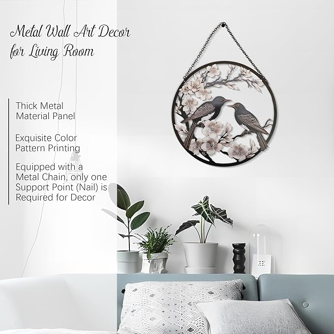 POXOHO Metal Bird Wall Art, 12" Round Wall Decor, Dark Brown, For Living Room, Bedroom, Office