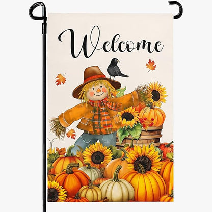 Fall Scarecrow Garden Flag Welcome Pumpkin Yard Flag Auttumn Suflower Bird Maple Leaves Garden Flags Thanksgiving Seasonal Farmhouse Rustic House Banner for Outside Patio Decor 12 x 18 Inch