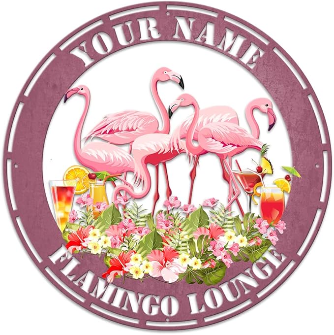 MeMate Flamingo Metal Sign, Outdoor Décor for Backyard, Patio, Pool, Kitchen, Lounge, Personalized Name Outdoor Sign, Pink Metal Sign Housewarming Gift for Family Friend