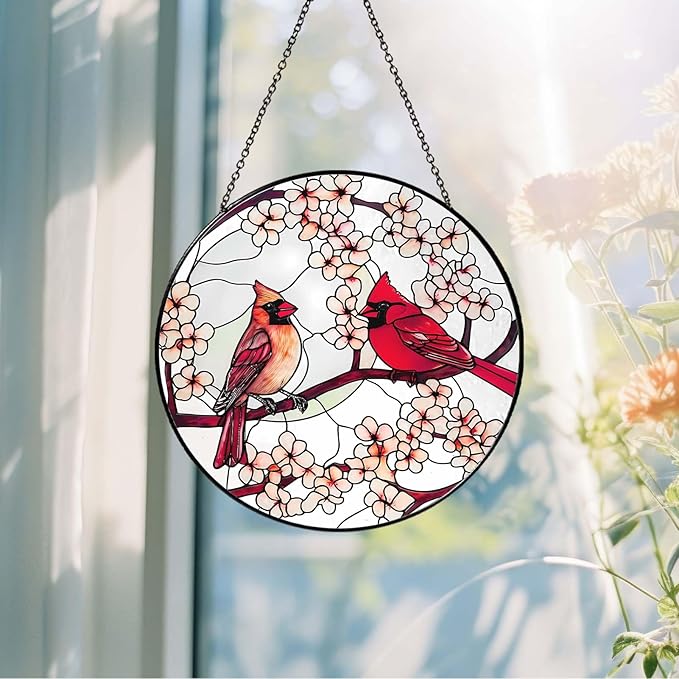 Cardinal Sun Catcher 8'' Stained Glass Window Hanging Cardinal Decor Gifts for Women Christmas Handmade Sun Catcher Decoration for Garden Home Housewarming Gifts Mother Day