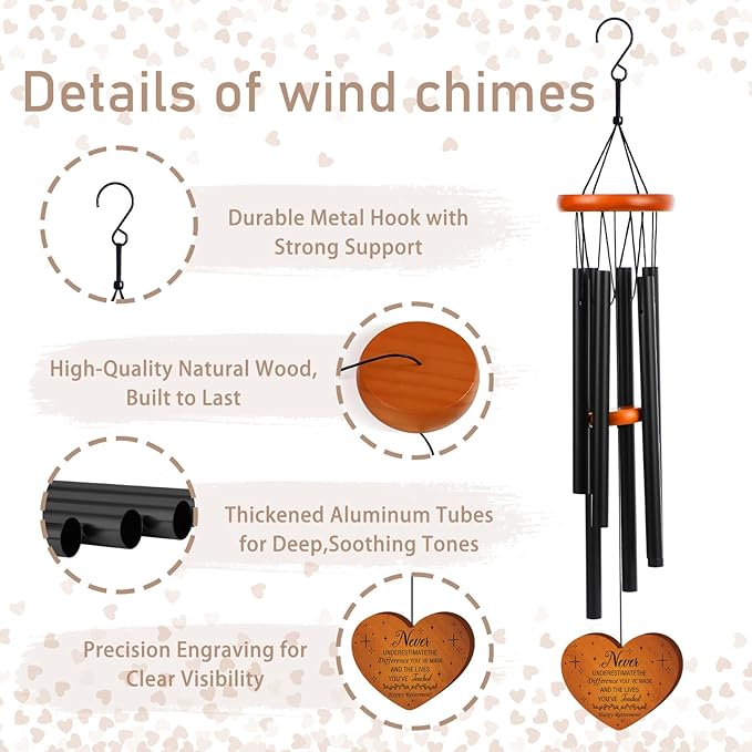 Retirement Gifts Wind Chimes for Women Men - Engraved Wooden Heart with Gift Box & Card, Happy Retirement Outdoor Garden Patio Hanging Decor, Farewell Gift for Coworker Teacher Bossr