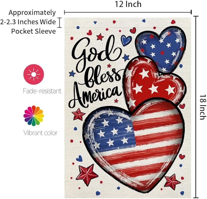 CROWNED BEAUTY 4th of July Garden Flag Patriotic Hearts Double Sided 12x18 Inches for Outside Small Burlap Independence Memorial Veterans Day Holiday Yard Decoration CF1815-12