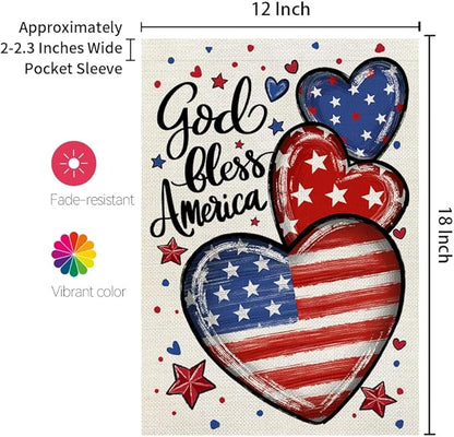 CROWNED BEAUTY 4th of July Garden Flag Patriotic Hearts Double Sided 12x18 Inches for Outside Small Burlap Independence Memorial Veterans Day Holiday Yard Decoration CF1815-12