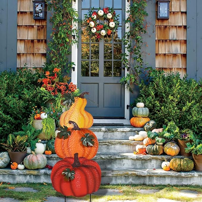 hogardeck Outdoor Fall Decorations for Home, 34" Decorative Garden Stakes with 3 Stacked Pumpkins for Fall Decor, Metal Yard Signs for Garden Home Lawn Patio Thanksgiving Decorations