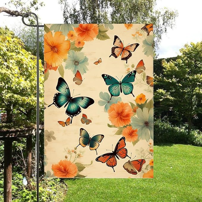 Gkyygk Butterfly Flower Garden Flag 12 x 18 Inch Double Sided Welcome Banners Farmhouse Holiday Outside Decor Burlap Yard Flag