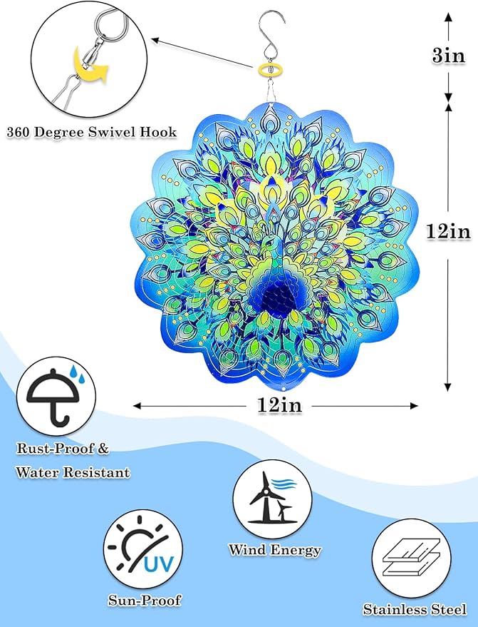 Peacock Wind Spinners Outdoor Garden Decor for Outside - 12 Inch 3D Stainless Steel Metal Wind Spinners - Peacock Gardening Gifts for Women, Yard Decorations Outdoor Hanging Decor