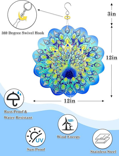 Peacock Wind Spinners Outdoor Garden Decor for Outside - 12 Inch 3D Stainless Steel Metal Wind Spinners - Peacock Gardening Gifts for Women, Yard Decorations Outdoor Hanging Decor