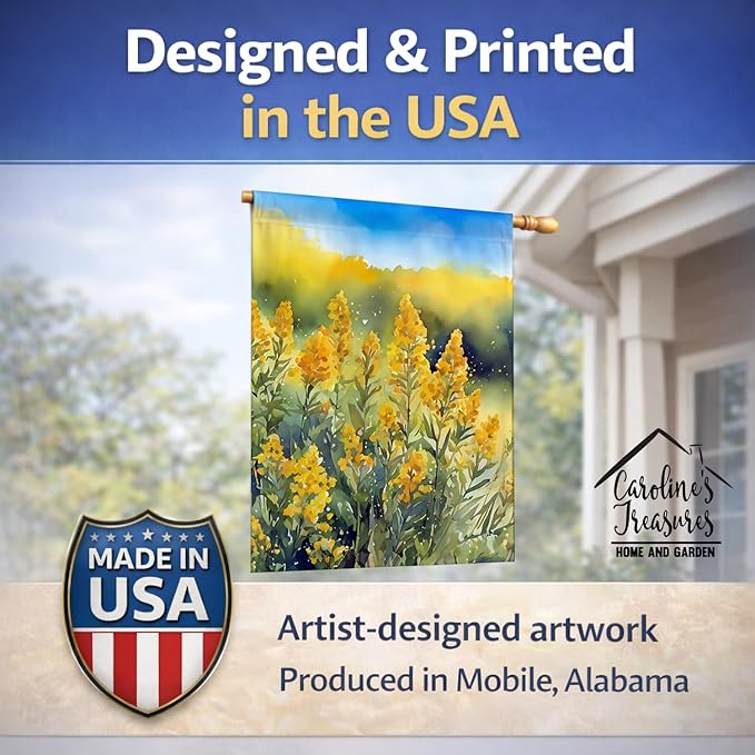 Caroline's Treasures Nebraska Goldenrod in Watercolor House Flag Large Porch Sleeve Pole Decorative Outside Yard Banner Artwork Wall Hanging, Polyester, House Size, Multicolor