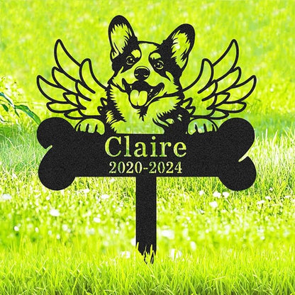 Custom Metal Dog Corgi Memorial Stake with Wings, Personalized Dog Grave Marker with Bone Stake Outdoor Yard Garden Sign Tombstone, Customized Dogs Corgi Remembrance Plaque Pet Loss Gifts