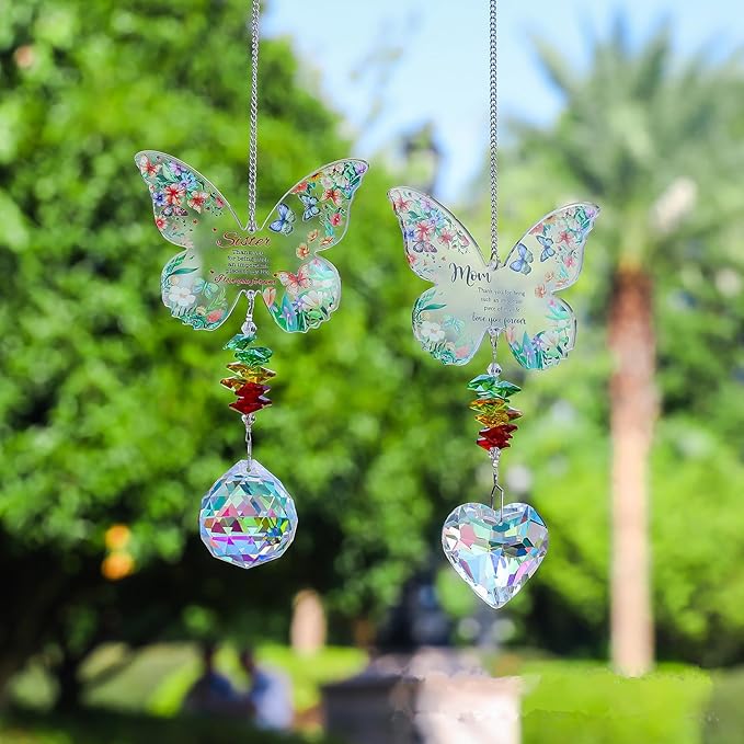 Butterfly Crystal Suncatcher Gifts for Mom, Sister, Birthday, Mothers Day, Thanksgiving, Hanging Ornament, Indoor Outdoor Garden Patio Decor