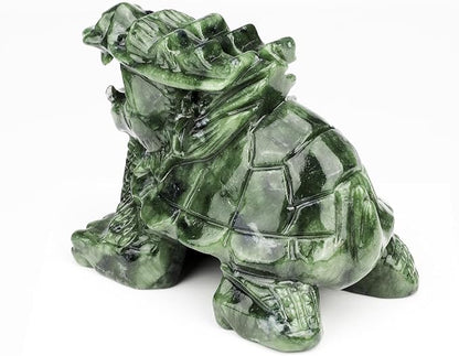 Dragon Turtle Jade Statue - Natural 4inch Gemstone Sculpture for Home Decor, Feng Shui Carved Figurine Outdoor Garden Decorative