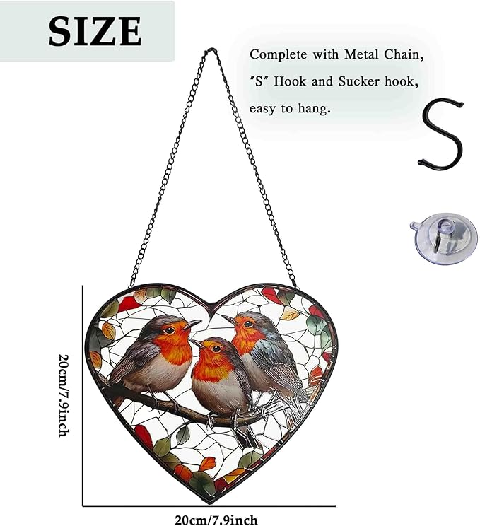 Birds Stained Glass Window Hanging, Sun Catchers Indoor Outdoor Window Hanging, Heart Suncatcher 7.9 Inch Glass Panel with Metal Chain and Hooks, Bird Decor for Home, Garden