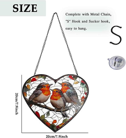 Birds Stained Glass Window Hanging, Sun Catchers Indoor Outdoor Window Hanging, Heart Suncatcher 7.9 Inch Glass Panel with Metal Chain and Hooks, Bird Decor for Home, Garden