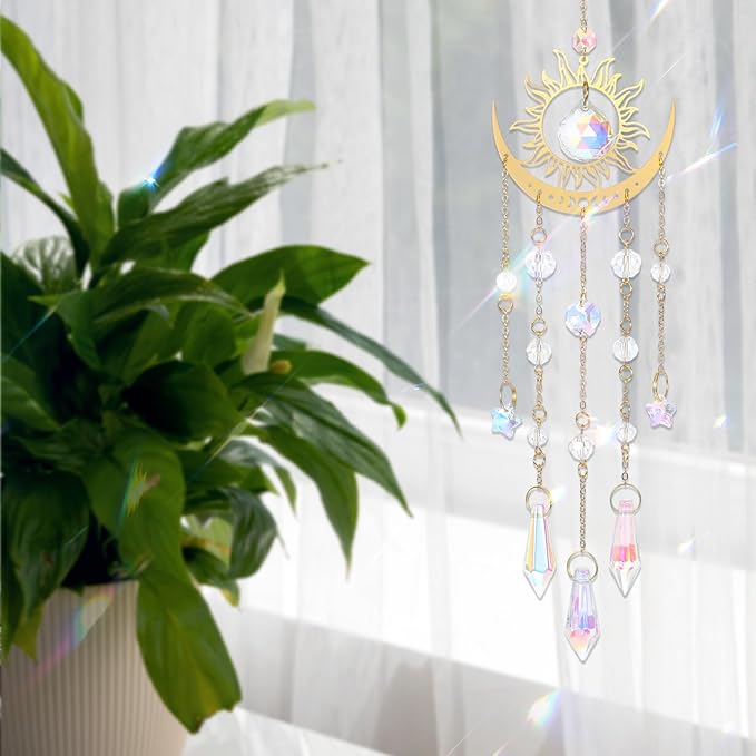 Tyqour Crystal Suncatcher for Windows Hanging Crystal Wind Chime Style Sun Catchers Indoor Outdoor Prism Home Garden Decor for Thanks Giving Valentines's and Mother's Day