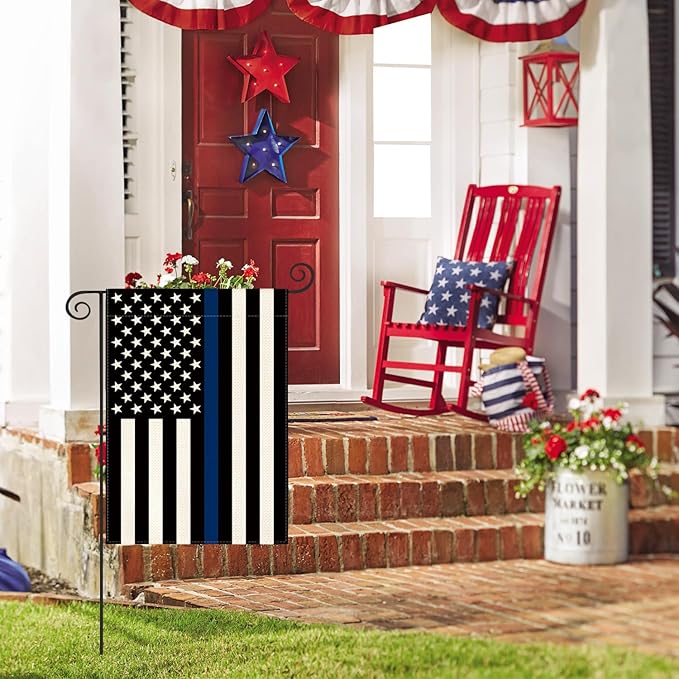 AVOIN colorlife Thin Blue Line Garden Flag 12x18 Inch Double Sided, American Stars and Stripes Police Officers Solidarity Yard Outdoor Decoration